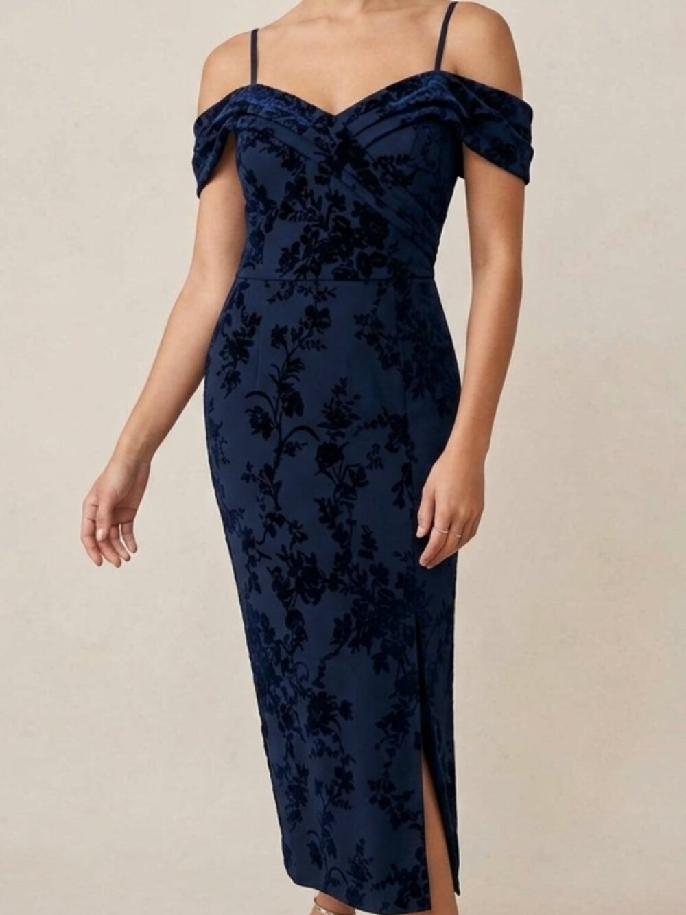 Alexa B Nites Navy Blue Velvet Burnout Off Shoulder Evening Gown  12P Petite